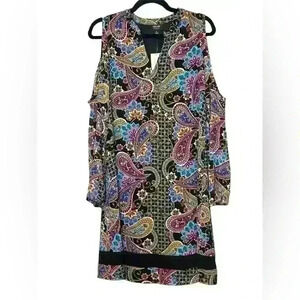 Nicole Miller Womens Dress Sz 2 Black Purple Blue Paisley Cold Shoulder